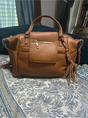 Classic Tan Leatherette Satchel Handbag with Tassel